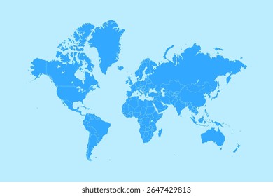 Blue Political blank World Map with country borders vector illustration. Flat colored, editable and layered Neatly.