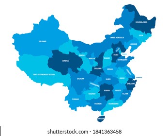 Blue political map of China. Administrative divisions - provinces. Simple flat vector map with labels.