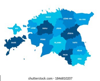 Mapa político azul de Estonia. Divisiones administrativas - condados. Mapa simple de vector plano con etiquetas.