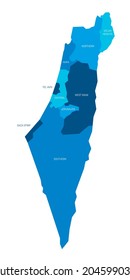 Blaue politische Landkarte Israels. Verwaltungsabteilungen - Bezirke und drei Sondergebiete - Gazastreifen, Westjordanland und Golanhöhen. Einfache flache Vektorkarte mit Etiketten.