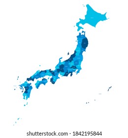 Blue political map of Japan. Administrative divisions - prefectures. Simple flat vector map with labels.