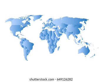 Blue political map of World. Each state with own horizontal gradient. Vector illustration.