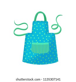 Blue polka dot apron with green strings. Women s cooking dress with big striped pocket. Protective garment. Flat vector icon