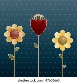 blue polka dot background with decorative flowers