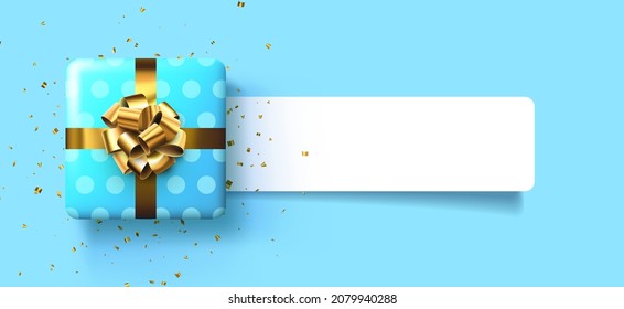 Blue polka dot gift box with golden bow. Christmas, birthday, Valentine's day present. Vector holiday illustration.