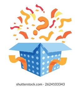 Blue polka dot gift box opening and exploding with confetti and question marks