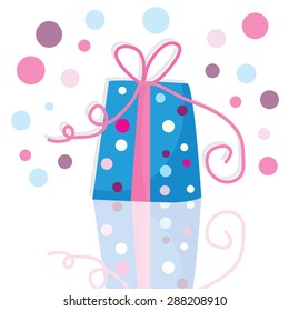 A blue polka dot gift box with ribbon vector illustration.