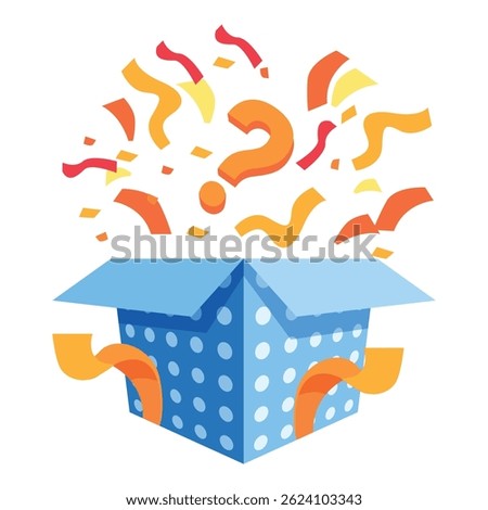Blue polka dot gift box opening and exploding with confetti and question marks