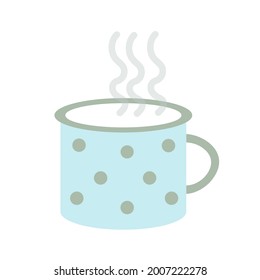 Blaue Polka Dotmug mit heißem Getränk, Tee oder Kaffee. Cup und diaphanischer Dampf. Einfache Flachgrafik einzeln auf weißem Hintergrund.