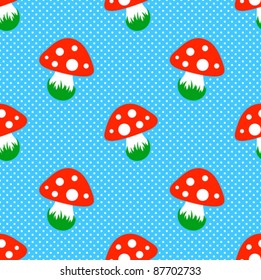 blue polka dot pattern with red toadstool mushroom seamless