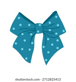 Blue polka dot ribbon bow. Festive decorative element, girl accessory. Hand drawn vector illustration isolated on white background, modern flat cartoon style.