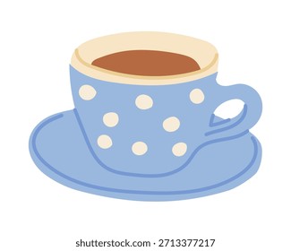 Taza de té de lunares azules con un platillo a juego lleno de té caliente. Relajación acogedora y comodidad en el hogar simbolizada a través de una simple ilustración de bebida dibujada a mano
