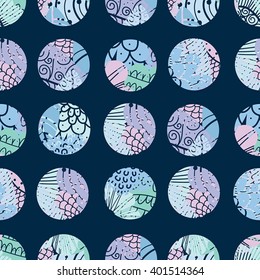 Blue polka dot. Vector seamless pattern. Flowers motif.