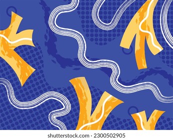 Fondo vectorial de los polkadots azules con formas abstractas amarillas y blancas y líneas ornamentos decorativos aislados en plantilla horizontal. Papel tapiz para impresiones de carteles o textiles.