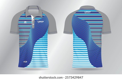 blue polo jersey shirt mockup template design for badminton, tennis, soccer, football or sport uniform in front view and back view.