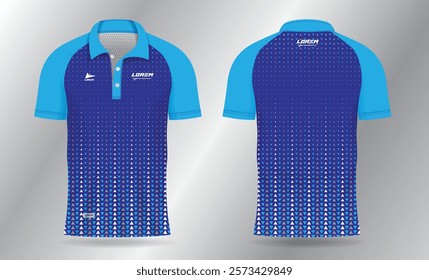 blue polo jersey shirt mockup template design for badminton, tennis, soccer, football or sport uniform in front view and back view.