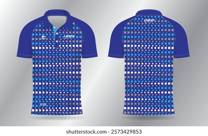 blue polo jersey shirt mockup template design for badminton, tennis, soccer, football or sport uniform in front view and back view.