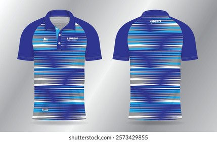 blue polo jersey shirt mockup template design for badminton, tennis, soccer, football or sport uniform in front view and back view.