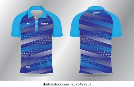 blue polo jersey shirt mockup template design for badminton, tennis, soccer, football or sport uniform in front view and back view.