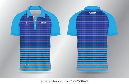 blue polo jersey shirt mockup template design for badminton, tennis, soccer, football or sport uniform in front view and back view.