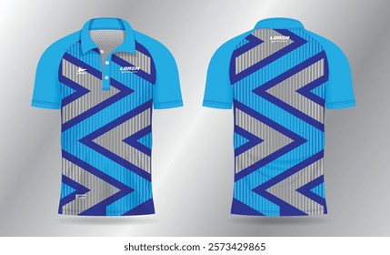 blue polo jersey shirt mockup template design for badminton, tennis, soccer, football or sport uniform in front view and back view.