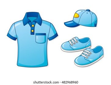 Blue polo shirt, baseball cap and sneakers.