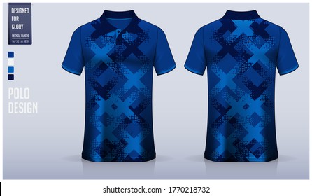 Blue Polo shirt mockup template design for soccer jersey, football kit, sportswear. Sport uniform in front view, back view. T-shirt mock up for sport club. Fabric pattern. Shirt Vector Illustration.