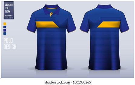 Blue Polo shirt mockup template design for soccer jersey, football kit, sportswear. Sport uniform in front view, back view. T-shirt mock with fabric pattern. Polo Mockup Vector Illustration