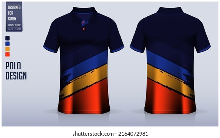 Blue Polo shirt mockup template design for soccer jersey, football kit, golf, tennis, sportswear. Sport uniform in front view, back view. T-shirt mockup and fabric pattern. Sport shirt Mockup Vector.