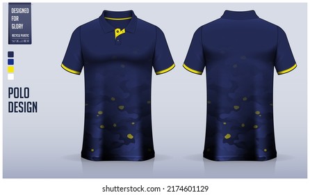 Blue Polo shirt mockup template design for soccer jersey, football kit, golf, tennis, sportswear. Blue camouflage pattern design. Sport uniform in front view, back view. Vector Illustration