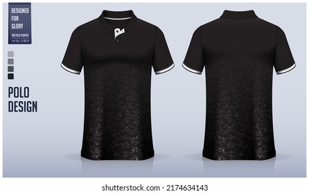 Blue Polo Shirt Mockup Template Design For Soccer Jersey, Football Kit, Golf, Tennis, Sportswear. Black Camouflage Pattern Design. Sport Uniform In Front View, Back View. Vector Illustration