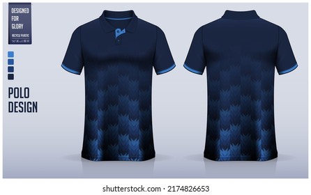 Blaues Polo-Shirt-Mock-up Template Design für Fußball Jersey, Fußball-Kit, Golf, Tennis, Sportbekleidung. Vertikale Streifen ethnisches Muster Design. Sporteinheitlich in der Vorderansicht, Rückansicht. Vektorgrafik