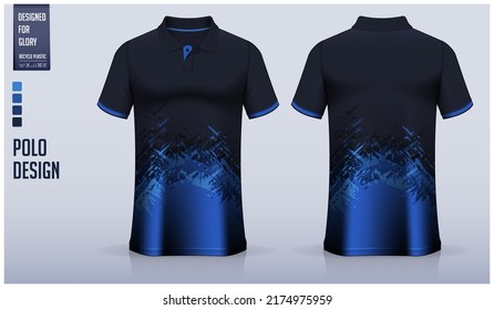Blue polo shirt mockup template design for soccer jersey, football kit, golf, tennis, sportswear. Grunge texture pattern design. Sport uniform in front view, back view. Vector Illustration