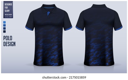 Blaues Polo-Shirt-Mock-up Template Design für Fußball Jersey, Fußball-Kit, Golf, Tennis, Sportbekleidung. Blaues Tarnung Muster Design. Sporteinheitlich in der Vorderansicht, Rückansicht. Vektorgrafik