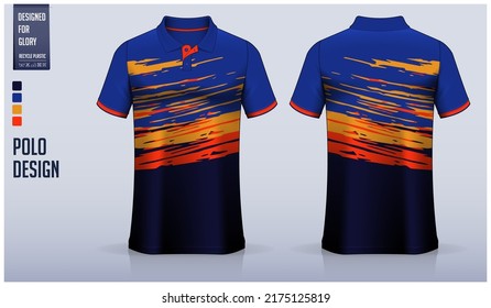 Blue polo shirt mockup template design for soccer jersey, football kit, golf, tennis, sportswear. Brushstroke pattern design. Sport uniform in front view, back view. Vector Illustration