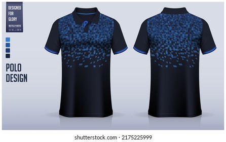 Blue polo shirt mockup template design for soccer jersey, football kit, golf, tennis, sportswear. Bauhaus pattern design. Sport uniform in front view, back view. Vector Illustration