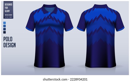 Blue polo shirt mockup template design for soccer jersey, football kit, golf, tennis, sportswear. Abstract pattern design. Sport uniform in front view, back view. Vector Illustration.