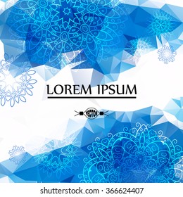 Blue polygon background mandala. Geometric circle element. Film, Indian, turkish, Arabic, chinese, ottoman motifs. For the design of invitations, postcards. template for business.