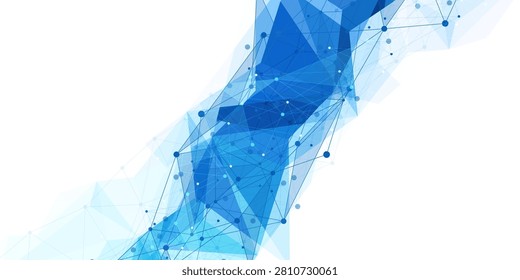 Blue polygon mesh forms an abstract wave on a white background. Technology concept for data, network, connection, science, and digital design.