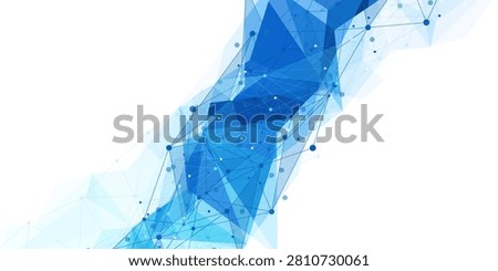 Blue polygon mesh forms an abstract wave on a white background. Technology concept for data, network, connection, science, and digital design.