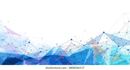 Blue polygon network lines rise from the lower edge on a white background. Technology concept for data, connection, science, and digital design.