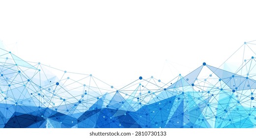 Blue polygon network lines rise from the lower edge on a white background. Technology concept for data, connection, science, and digital design.