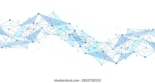 Blue polygon network lines rise from the bottom on a white background. Technology concept for data, connection, science, and digital design.