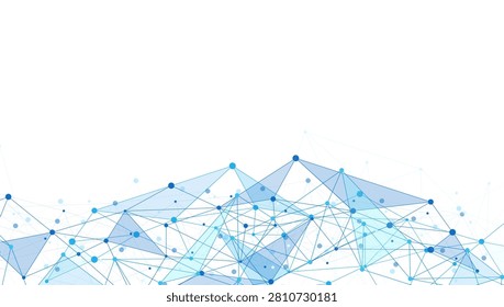 Blue polygon network lines rise from the bottom on a white background. Technology concept for data, connection, science, and digital design.