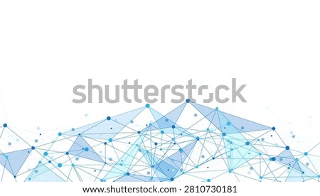 Blue polygon network lines rise from the bottom on a white background. Technology concept for data, connection, science, and digital design.
