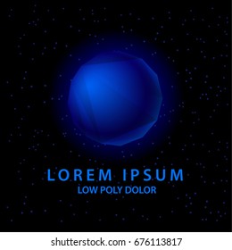 Blue polygon sphere logo. Low Poly planet logo on a starry background.