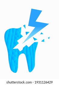 A blue polygon tooth is breaking, with a lightning icon on top. Dental care concept vector illustration