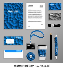 Blue polygonal abstract Corporate identity template set. Business stationery mock-up with logo. Branding design. Geometric background.