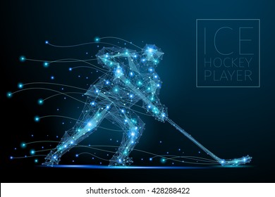 Blue polygonal abstract ice hockey player. Blues players from futuristic shape. Thin line cybernetic style of sportsmens silhouette. Body energy low poly sports man in motion.