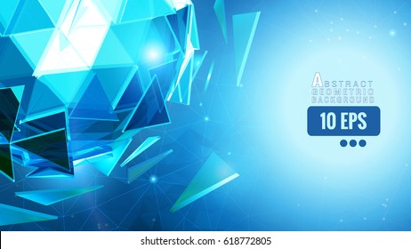 Blue polygonal abstract triangle sphere glow on geometric graphic template background 